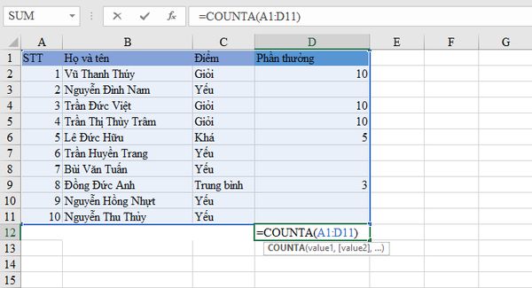 Nhập công thức đếm số ô không trống cho ô D12 =COUNTA(A1:D11)