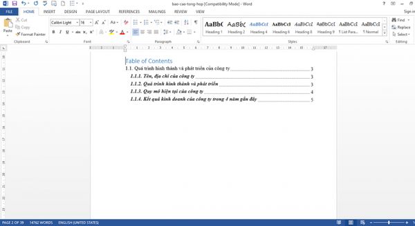 Mục lục được tạo trong word 2013