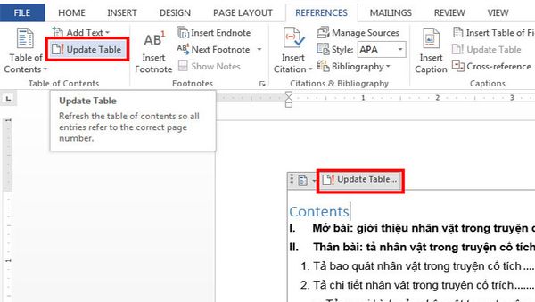 Chọn Update Table để cập nhật mục lục