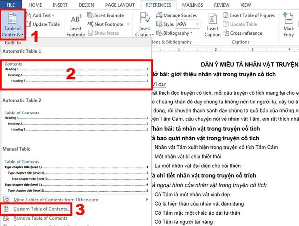 References -> Table of Contents -> Custom Table of contents để tùy chỉnh