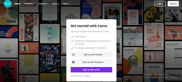 Tạo tài khoản Canva bằng cách nhập địa chỉ email hoặc facebook